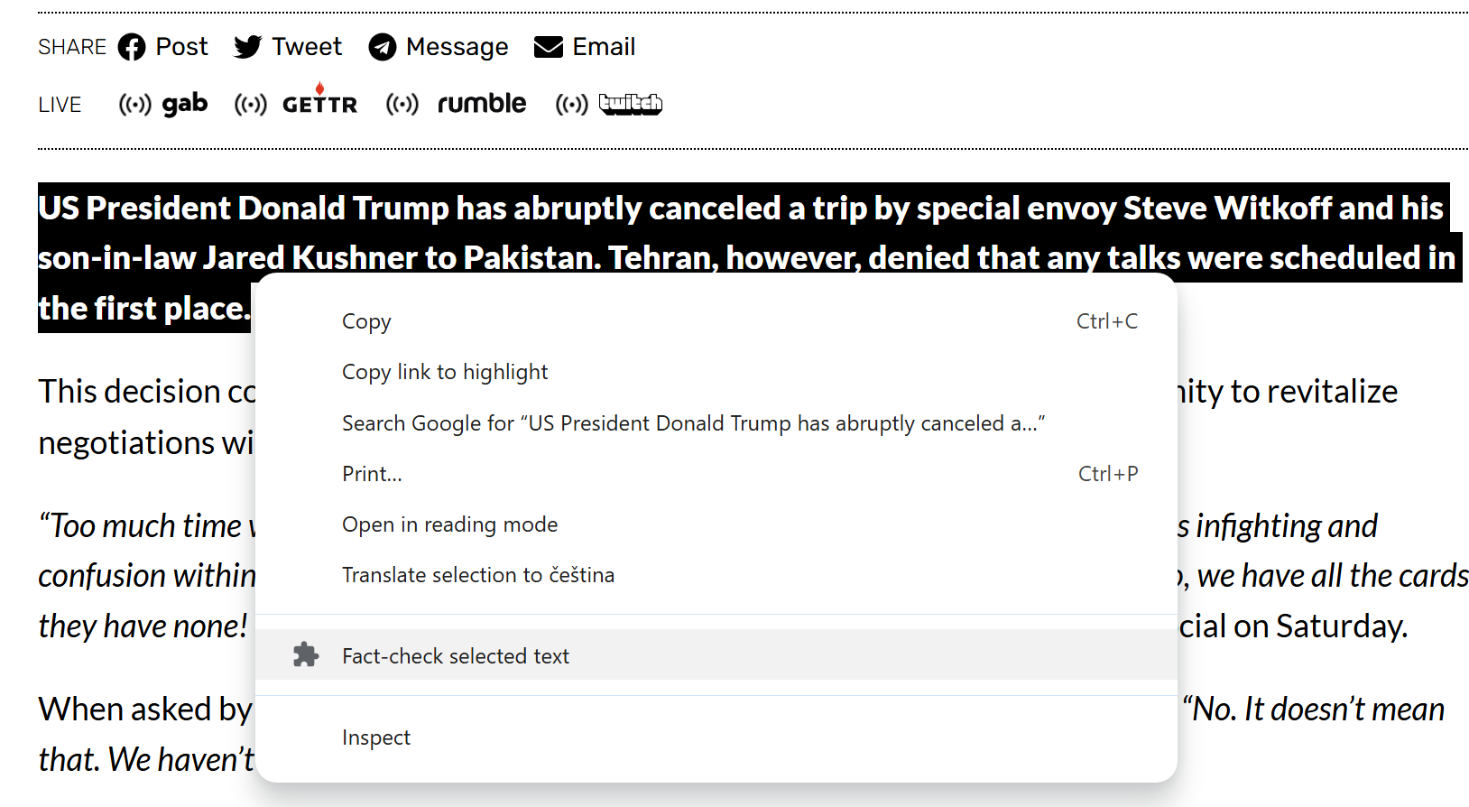 Chrome context menu showing Fact-check selected text