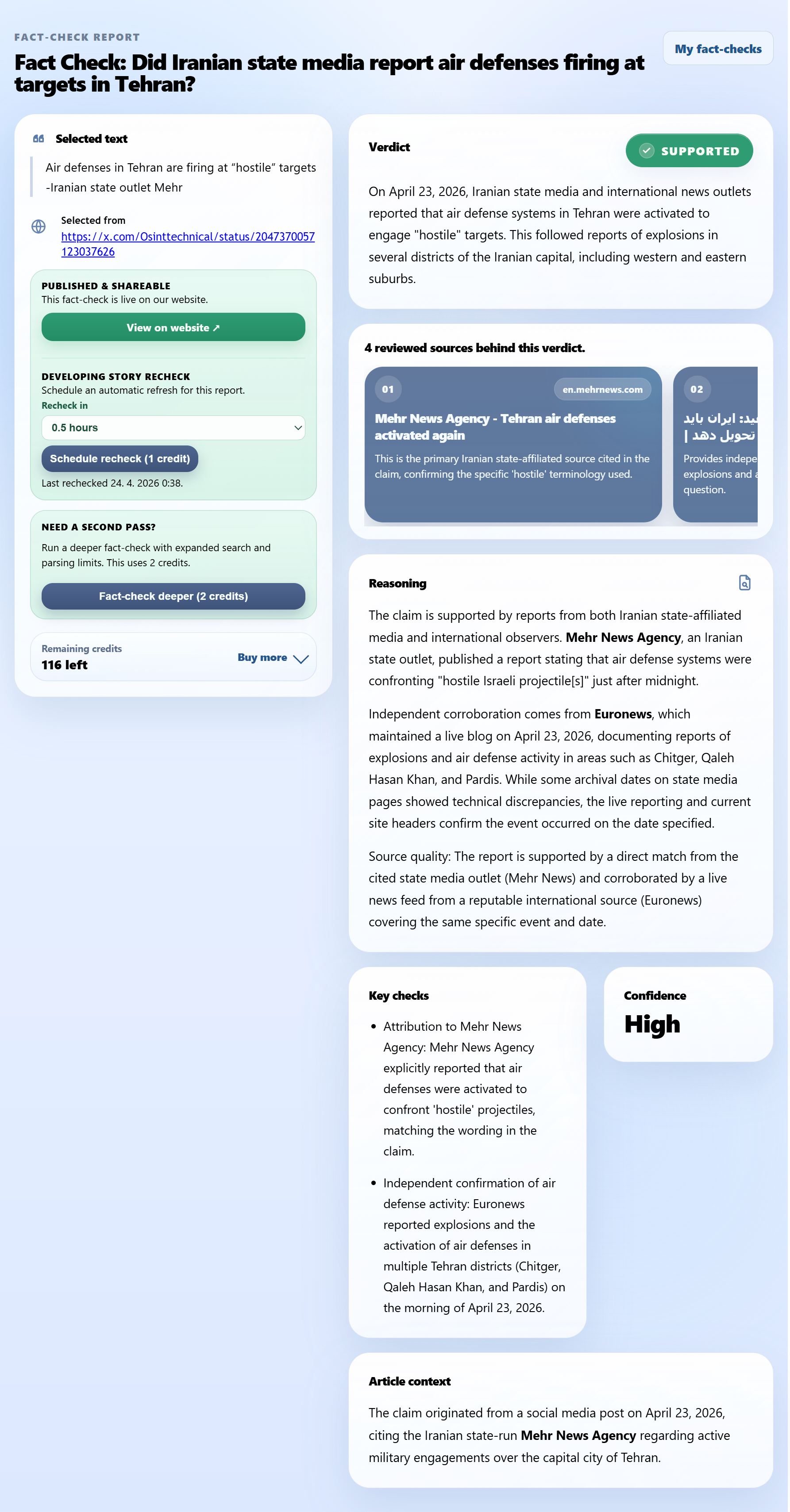 FactCheckRadar report page showing selected text, verdict, sources, reasoning, and recheck controls